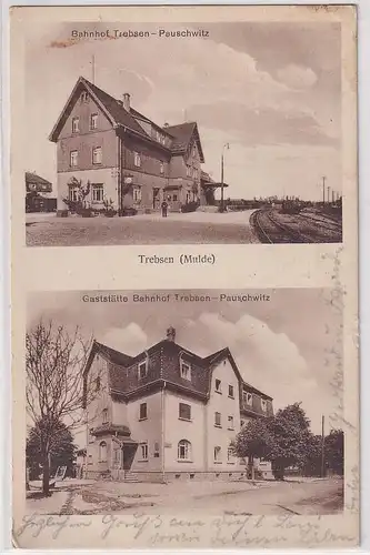 84456 Mehrbild Ak Trebsen Pauschwitz Bahnhof und Gaststätte 1935