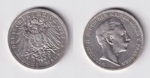 3 Mark Silbermünze Preussen Kaiser Wilhelm II 1910 A Jäger 103 ss+ (165235)