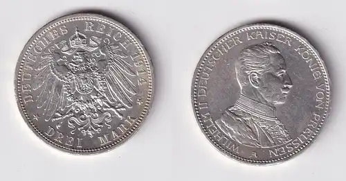 3 Mark Silbermünze Preussen Kaiser Wilhelm II in Uniform 1914 Jäger 112 (165248)