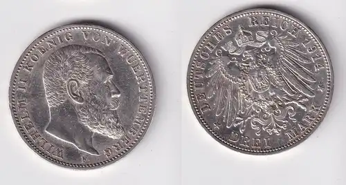 3 Mark Silber Münze Wilhelm II König von Württemberg 1914 vz (165729)