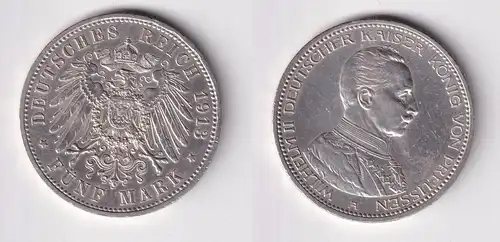 5 Mark Silbermünze Preussen Kaiser Wilhelm II 1913 A in Uniform f.vz (165433)