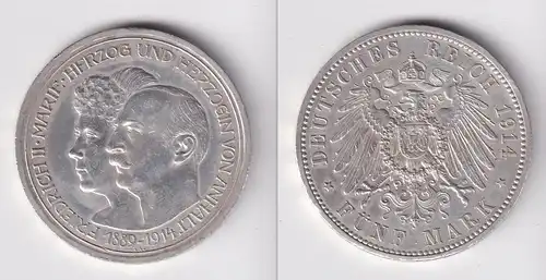 5 Mark Silbermünze Anhalt Silberhochzeit 1914 Jäger 25 vz+ (165368)