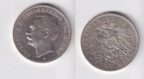 5 Mark Silber Münze Baden Großherzog Friedrich II 1913 Jäger 40  vz (165385)