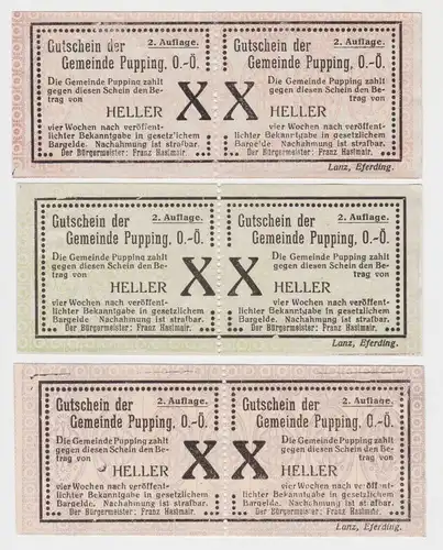 3 x 20 Heller Banknoten Notgeld Gemeinde Pupping O.Ö. 1920 (154522)