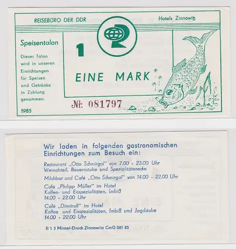 1 Mark Banknote DDR Reisebüro Speisentalon Hotels Zinnowitz 1985 (157286)