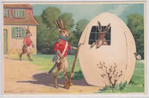 901623 Präge AK Fröhliche Ostern Hasensoldat bewacht gefangenen Hasen um 1910