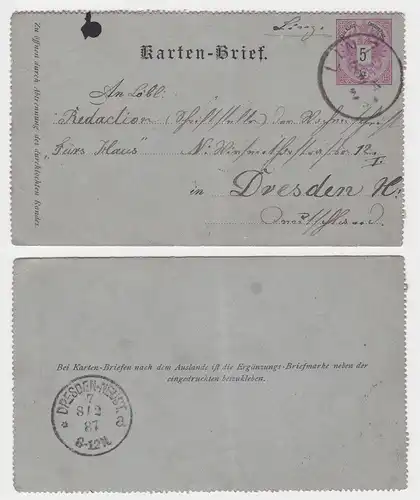 76604 Ganzsachen Kartenbrief Österreich von Linz nach Dresden 1887