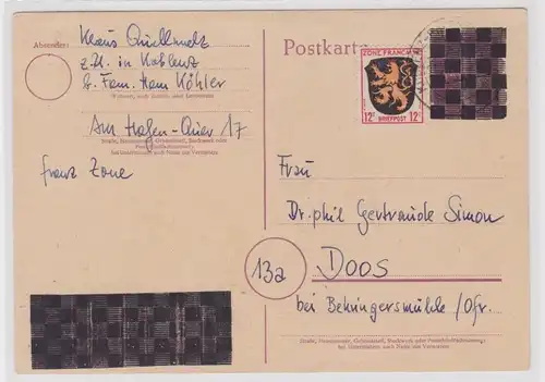 903971 Ganzsachen Postkarte Koblenz nach Doos 1947
