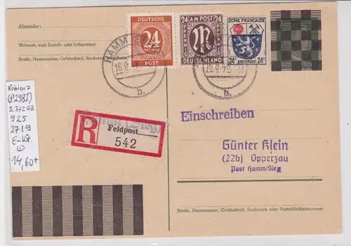 89642 Ganzsachen Postkarte mit Einschreibe Zettel R Feldpost Hamm (Sieg) 1946