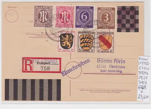 89642 Ganzsachen Postkarte mit Einschreibe Zettel R Feldpost Hamm (Sieg) 1946