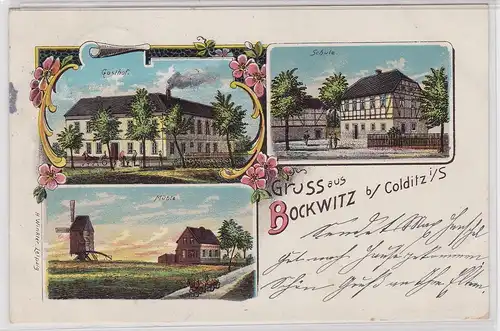 904289 Ak Lithographie Gruß aus Bockwitz bei Colditz in Sa. Windmühle usw.1906