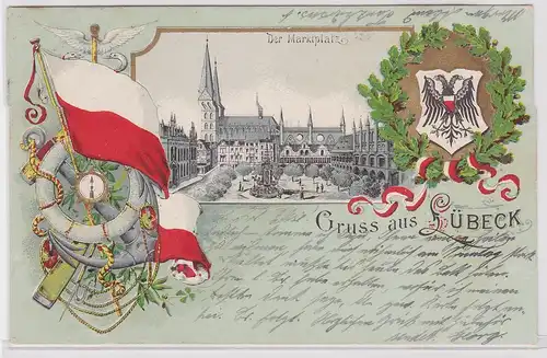 904064 Wappen Ak Lithographie Gruß aus Lübeck Marktplatz 1900