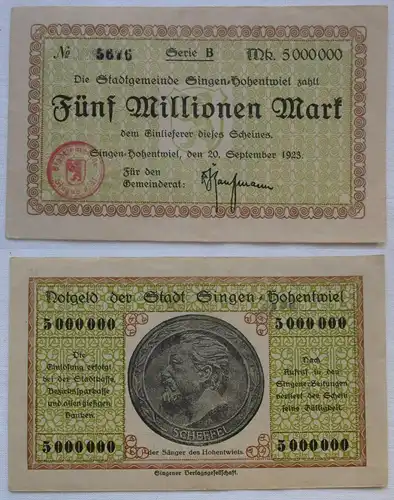 5 Millionen Mark Banknoten Inflation Stadt Singen Hohentwiel 20.9.1923 (165641)