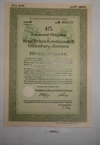 500 RM Obligation Staatliche Kreditanstalt Oldenburg-Bremen 24.Aug 1938 (128930)