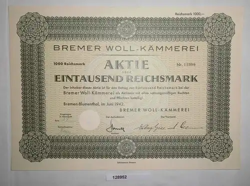 100 RM Aktie Bremer Woll-Kämmerei Bremen-Blumenthal Juni 1942 (128952)