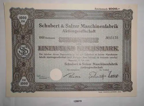 1000 RM Aktie Schubert & Salzer Maschinenfabrik AG Chemnitz Juli 1942 (128619)