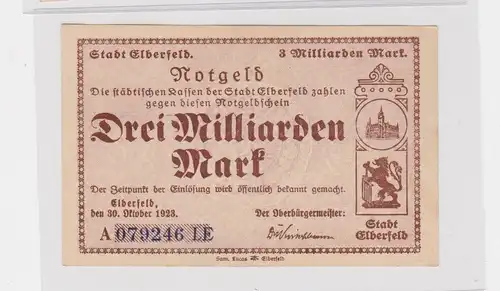 3 Milliarden Mark Banknote Inflation Stadt Elberfeld 30.10.1923 (130072)