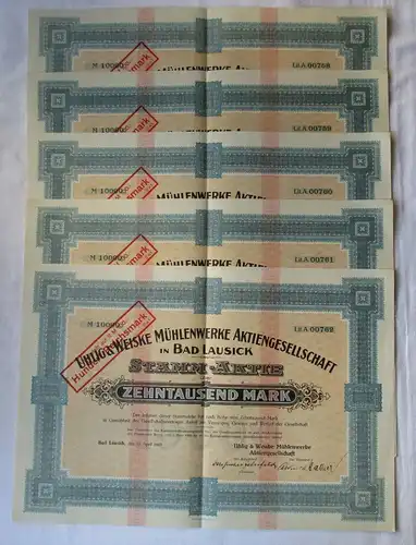 5x 10000 Mark Aktie Uhlig & Weiske Mühlenwerke AG Bad Lausick 17.4.1923 (105121)