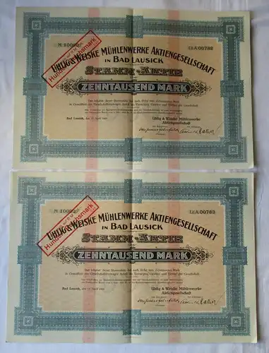 2x 10000 Mark Aktie Uhlig & Weiske Mühlenwerke AG Bad Lausick 17.4.1923 (105955)