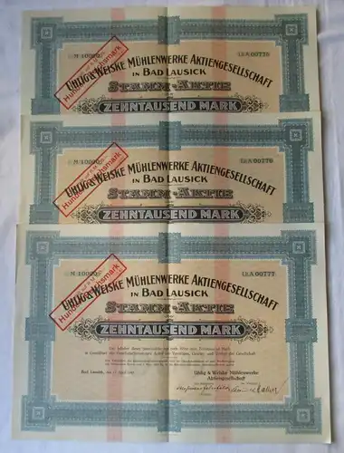 3x 10000 Mark Aktie Uhlig & Weiske Mühlenwerke AG Bad Lausick 17.4.1923 (108377)