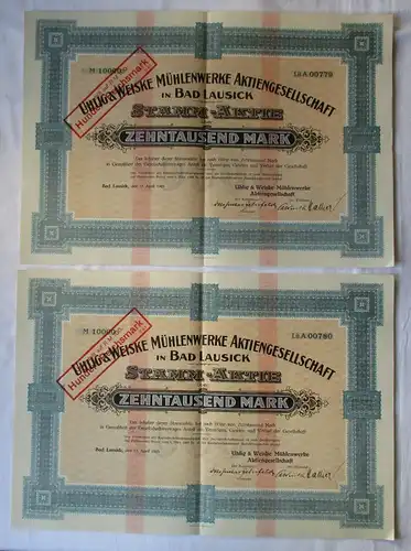 2x 10000 Mark Aktie Uhlig & Weiske Mühlenwerke AG Bad Lausick 17.4.1923 (100456)