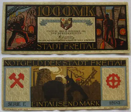 1000 Mark Banknote Inflation Stadt Freital 15.Dezember 1922 (131579)