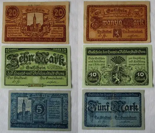 5, 10 und 20 Mark Banknoten Haupt- & Residenzstadt Gera um 1919 (132465)