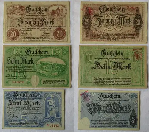 3 Banknoten Notgeld 5 bis 20 Mark Amtshauptmannschaft Annaberg 1918 (131877)