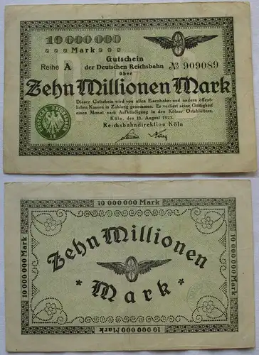 10 Millionen Mark Banknote Reichsbahndirektion Köln 11.8.1923 (131242)