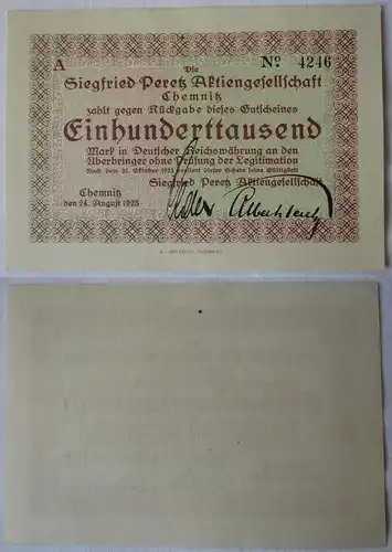 100000 Mark Banknote Chemnitz Siegfried Peretz AG 24.08.1923 (131790)