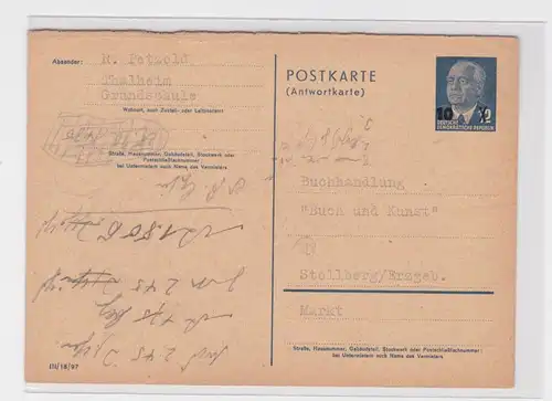 81583 DDR Ganzsache Antwortkarte P63 Portoherabsetzung Grundschule Thalheim 1955