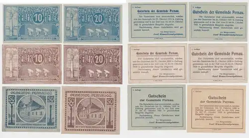 2 x 10,20 & 50 Heller Banknoten Notgeld Gemeinde Pernau 1920 (154532)