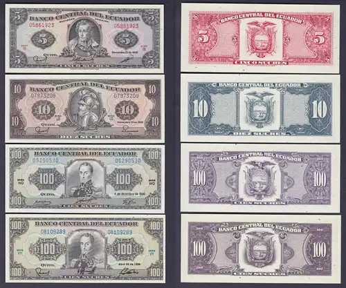 5, 10 und  2x 100 Sucres Banknoten Ecuador 1988-1992 bankfrisch UNC (117358)