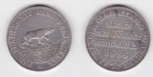 1 Ausbeutetaler Silber Münze Anhalt Bernburg Segen des Bergbau 1855 A (115560)