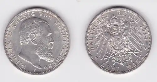 3 Mark Silber Münze Wilhelm II König von Württemberg 1914 vz (101030)