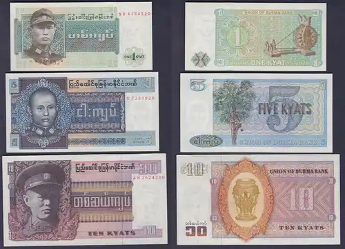 1, 5 & 10 Kyats Banknote Union of Burma Bank kassenfrisch (155146)