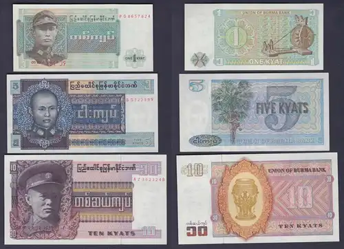 1, 5 & 10 Kyats Banknote Union of Burma Bank kassenfrisch (153392)