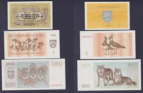 3 Banknoten Talonas Litauen 1991 bankfrisch UNC (155387)