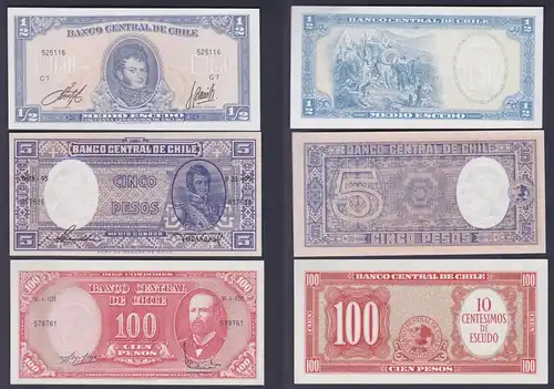 3 x Banknoten 1/2 bis 100 Pesos Chile UNC kassenfrisch (162626)