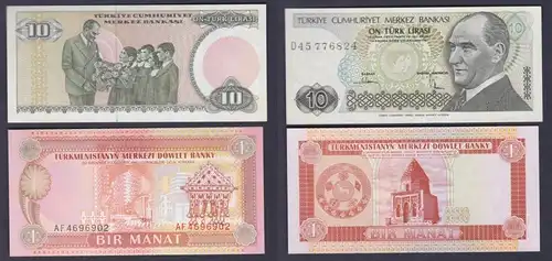 1 Manat Banknote Turkmenistan 1993 kassenfrisch UNC + 10 Lira Türkei (162284)