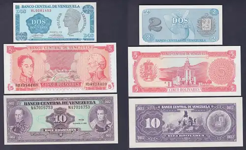 2, 5 & 10 Bolivares Banknote Venezuela 1989-1992 kassenfrisch UNC (162763)