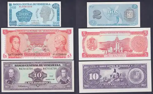 2, 5 & 10 Bolivares Banknote Venezuela 1989-1992 kassenfrisch UNC (162762)