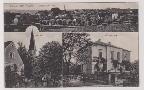 99550 Mehrbild Ak Gruß aus Syhra Kirche, Pfarrhaus, Gesamtansicht um 1910