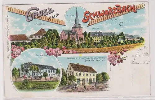 28237 Ak Lithographie Gruß aus Schwarzbach Gasthof, Klempnerei usw. 1909
