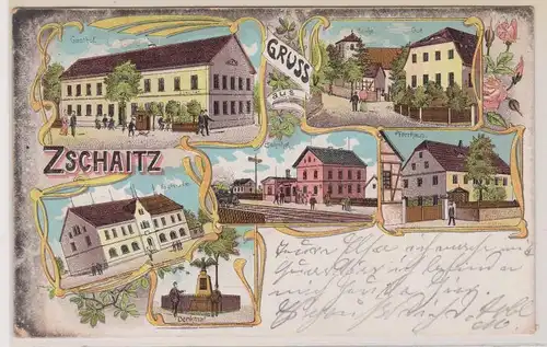 53370 Ak Lithographie Gruß aus Zschaitz Bahnhof, Gasthof usw. 1906