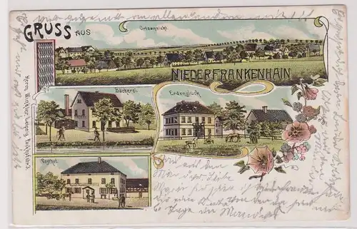 38672 Ak Lithographie Gruß aus Niederfrankenhain Bäckerei, Gasthof usw. 1908