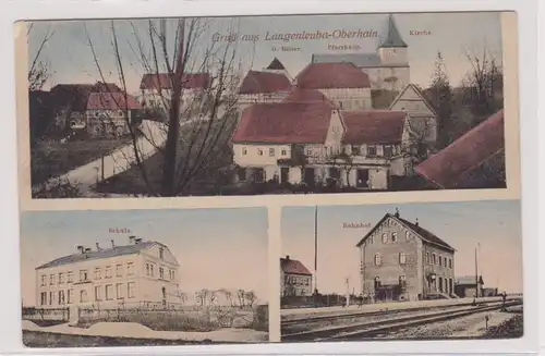99564 Mehrbild Ak Gruß aus Langenleuba Oberhain Bahnhof, Kirche, Schule um 1910