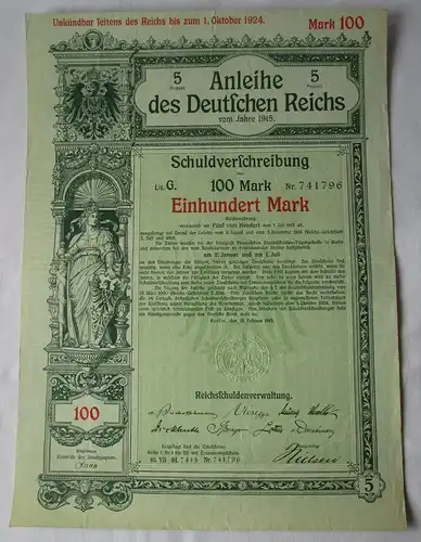 100 Mark Anleihe Deutschen Reichs Reichsschuldenverwaltung Berlin  1917 (126513)