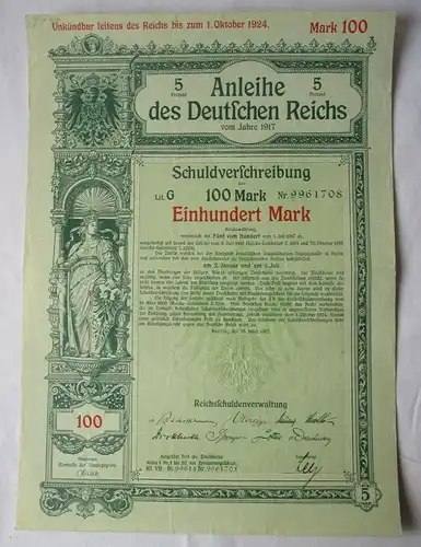 100 Mark Anleihe Deutschen Reichs Reichsschuldenverwaltung Berlin  1917 (123319)