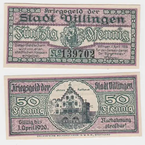50 Pfennig Banknote Kriegsgeld der Stadt Villingen 1.April 1918 (130225)